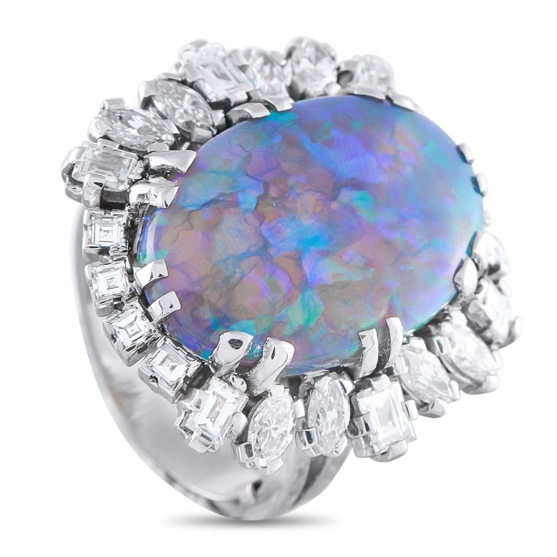 PLATINUM 2.0CT DIAMOND AND OPAL COCKTAIL RING: Not for the conventional collector, this platinum cocktail ring makes its presence known through its commanding scale and uncommon gemstone character. At the center, a 9.5-carat oval black opal displa