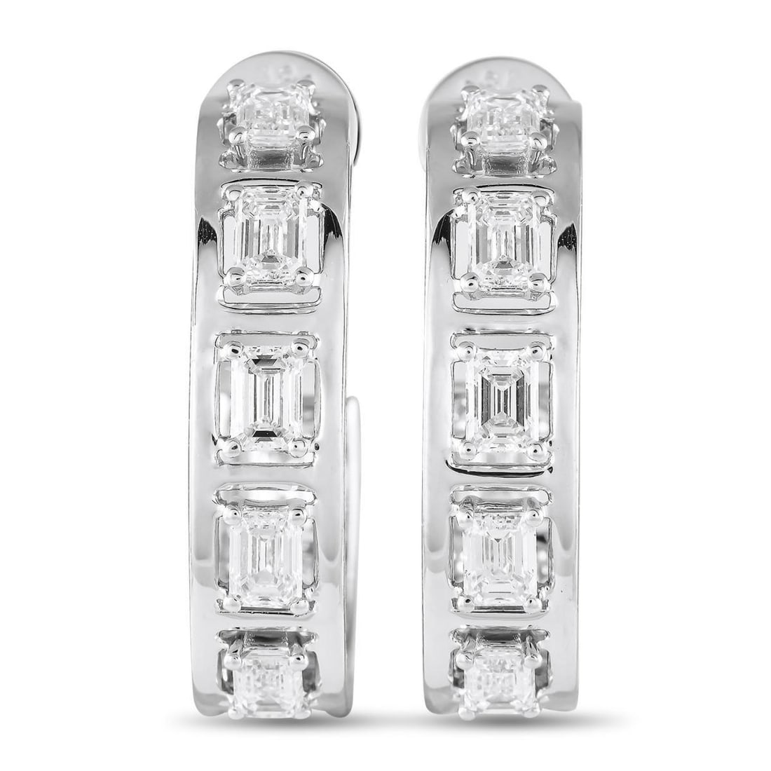 18K WHITE GOLD 3.50CT DIAMOND EMERALD-CUT C-HOOP EARRINGS: Ready to deliver showy flashes of light, these C-hoop earrings will frame your face and enhance the elegance of your look. They're cast in 18K white gold and set with emerald-cut diamonds that weigh 3