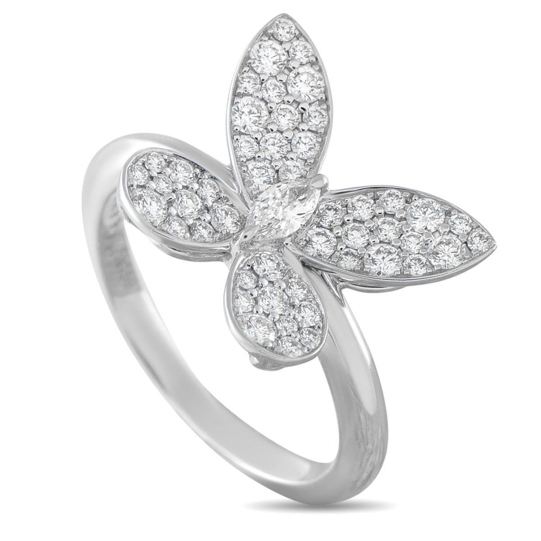 GRAFF 18K WHITE GOLD 0.55CT DIAMOND PAV BUTTERFLY RING: Sculptural wings positioned at a slight angle make this Graff Pav Butterfly ring incredibly elegant. It features pav Diamonds and a marquise-cut Diamond center stone that together possess a total weig