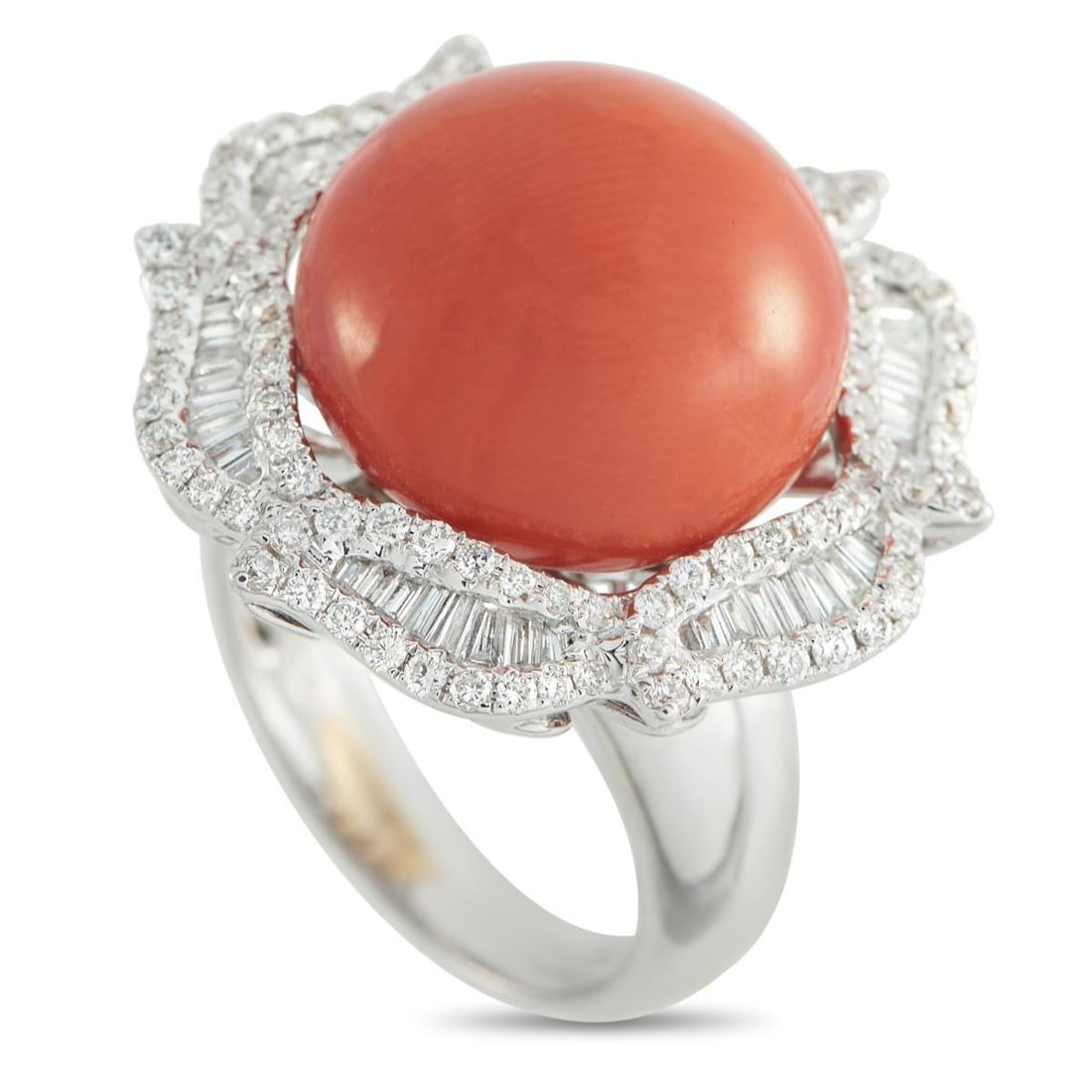 18K WHITE GOLD 1.89CT DIAMOND AND CORAL RING: A vibrant 15mm Coral cabochon makes a statement at the center of this dazzling luxury ring. Bold and incredibly impressive, the striking center stone is surrounded by a sparkling halo of Diamonds tota