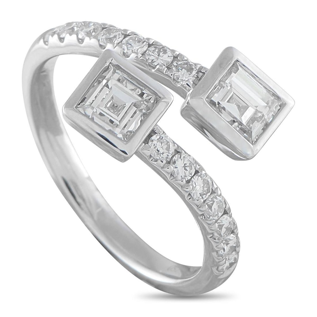 18K WHITE GOLD 1.42CT DIAMOND BYPASS RING: This bypass ring is a distinctive luxury piece that will continually capture your imagination. Diamonds with a total weight of 1.42 carats wrap around the finger, shining brightly from their place wit