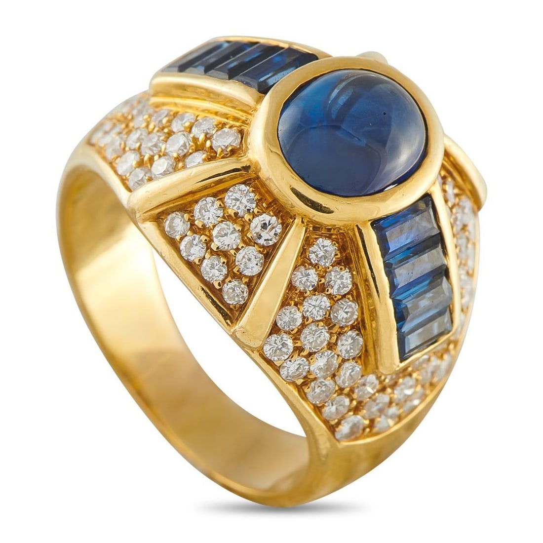 18K YELLOW GOLD 1.0CT DIAMOND AND SAPPHIRE RING: This luxury ring will add a stylish pop of color to any ensemble. A 1.50 carat Sapphire cabochon makes a statement at the center, while additional Sapphires totaling 0.80 carats further elevate the ge