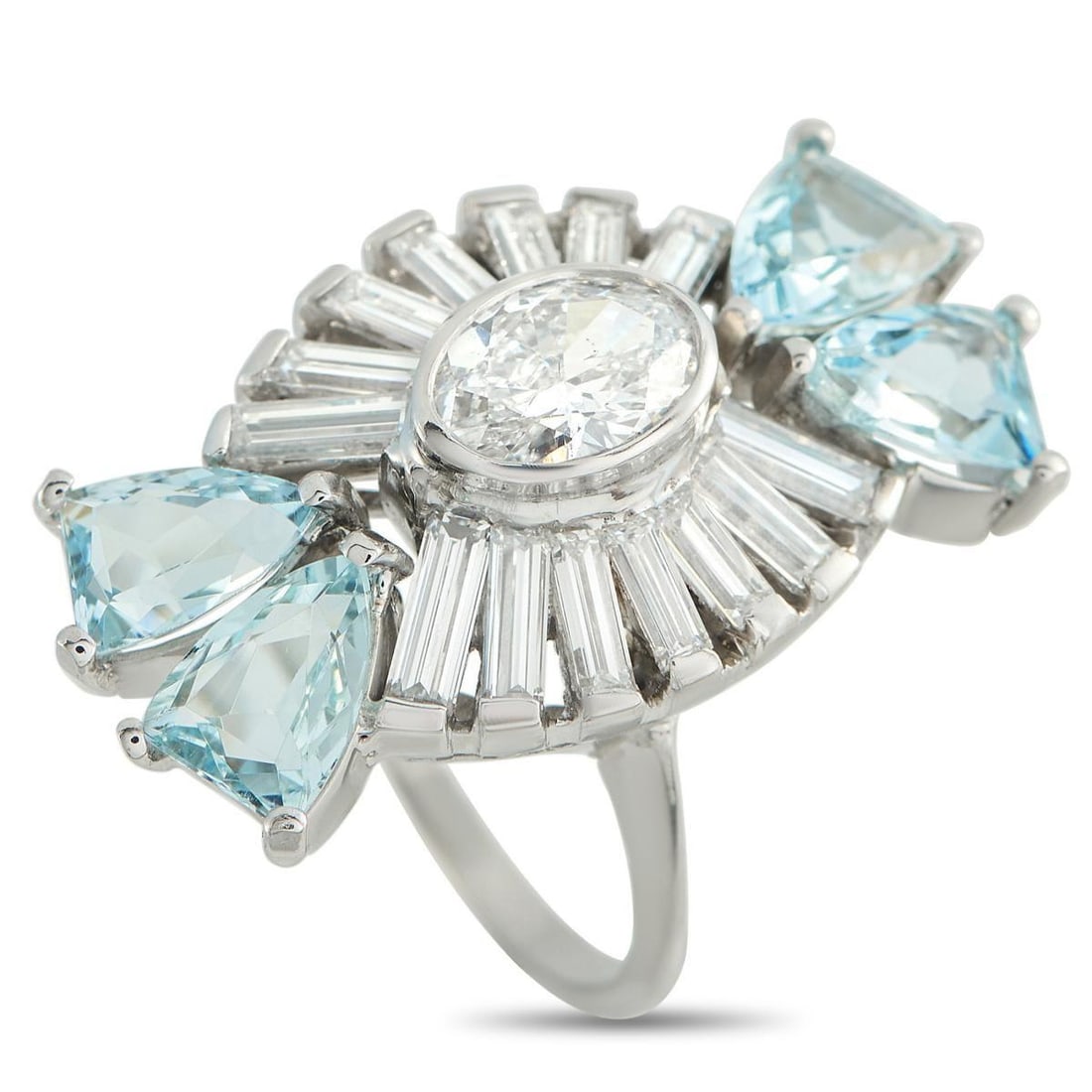 PLATINUM 2.50CT DIAMOND AND AQUAMARINE RING: This luxury ring is filled with exquisite details. Diamonds totaling 2.50 carats shine brightly every time they catch the light. At each end of the oblong Platinum setting, Aquamarine stones totaling