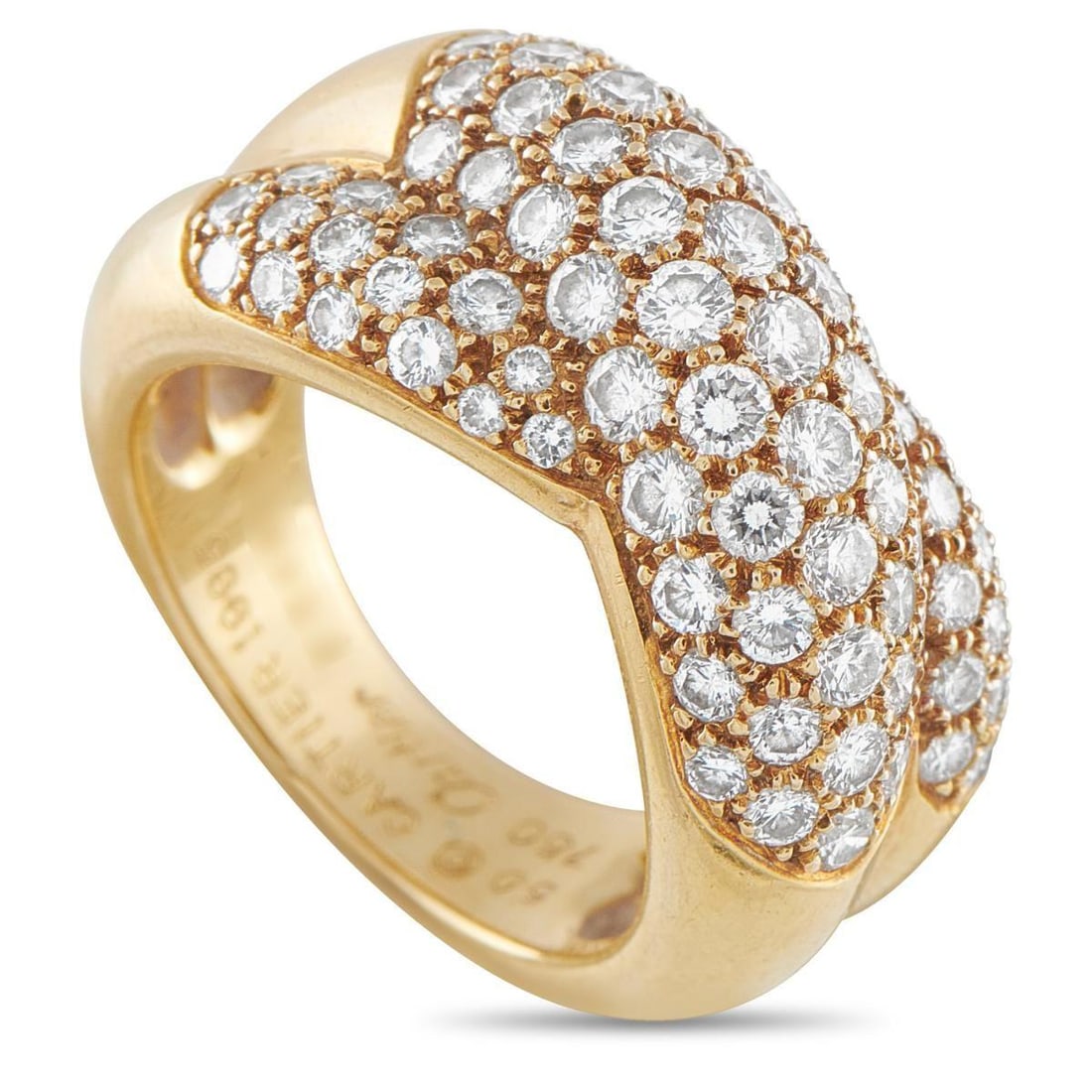 CARTIER 8K YELLOW GOLD 1.75CT DIAMOND RING: Inset Diamonds with a total weight of 1.75 carats allow this Cartier ring to come alive every time it catches the light. Set in 18K Yellow Gold, this timeless accessory makes it easy to add a touch of