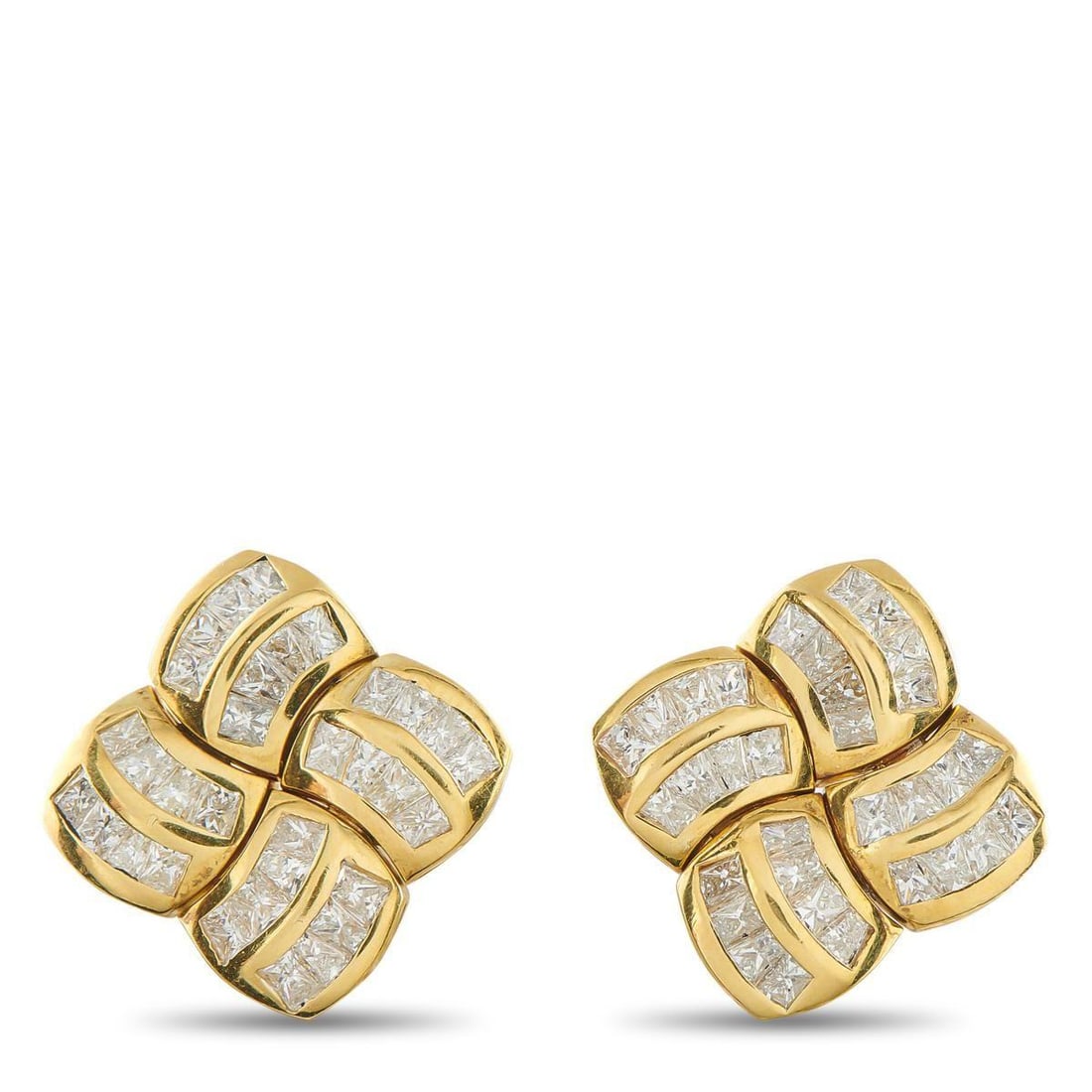 18K YELLOW GOLD 4.47 CT DIAMOND QUAD EARRINGS: These 18K yellow gold earrings use architectural symmetry to create a dynamic shape. Four quadrants form these earrings, creating a pinwheel silhouette where each panel showcases curved channels of in