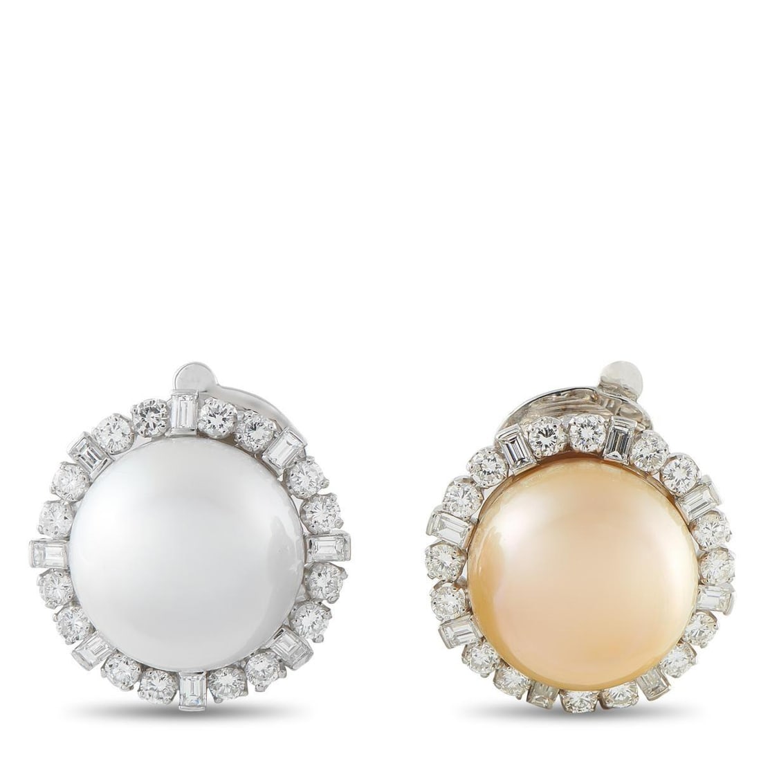PLATINUM 4.80CT DIAMOND AND PEARL CLIP-ON EARRINGS: These earrings are unique and incredibly elegant. At the center of the circular Platinum settings, one white Pearl and one golden Pearl - both measuring 20mm - give these earrings a stylish sense of a