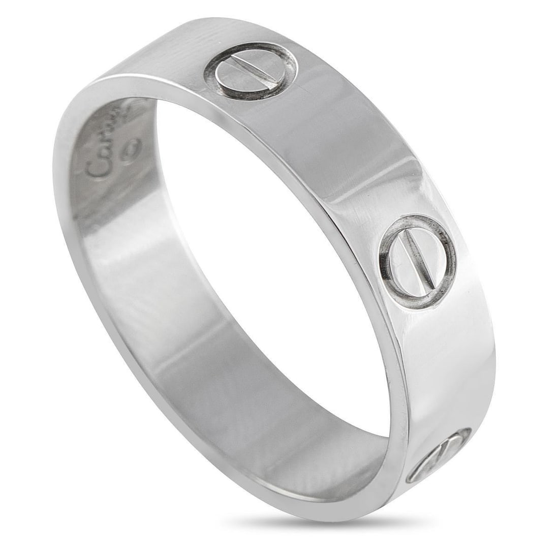 CARTIER LOVE 18K WHITE GOLD RING: This Cartier LOVE ring is an iconic accessory that is ideal for anyone who appreciates quiet luxury. Crafted from 18K White Gold, the simple, elegant design features the collections iconic screw motif
