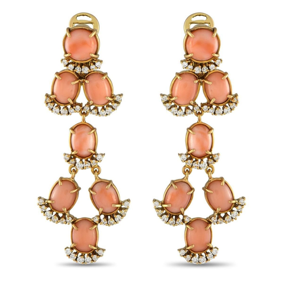 LAURA MUNDER 18K YELLOW GOLD 1.35CT DIAMOND AND CORAL CLIP-ON DANGLE EARRINGS: These stylish Laura Munder earrings will add a playful pop of color to any ensemble. Coral stones are beautifully complemented by the 18K Yellow Gold setting. Diamond accents totaling 1.35 carats add