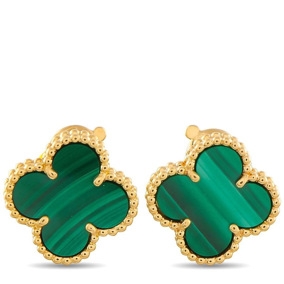 VAN CLEEF & ARPELS ALHAMBRA 18K YELLOW GOLD MALACHITE EARRINGS: Add a touch of luxury to any ensemble with these Van Cleef & Arpels Alhambra earrings. At the center of the iconic clover-shaped design, green Malachite provides an exciting splash of color. Set in 18