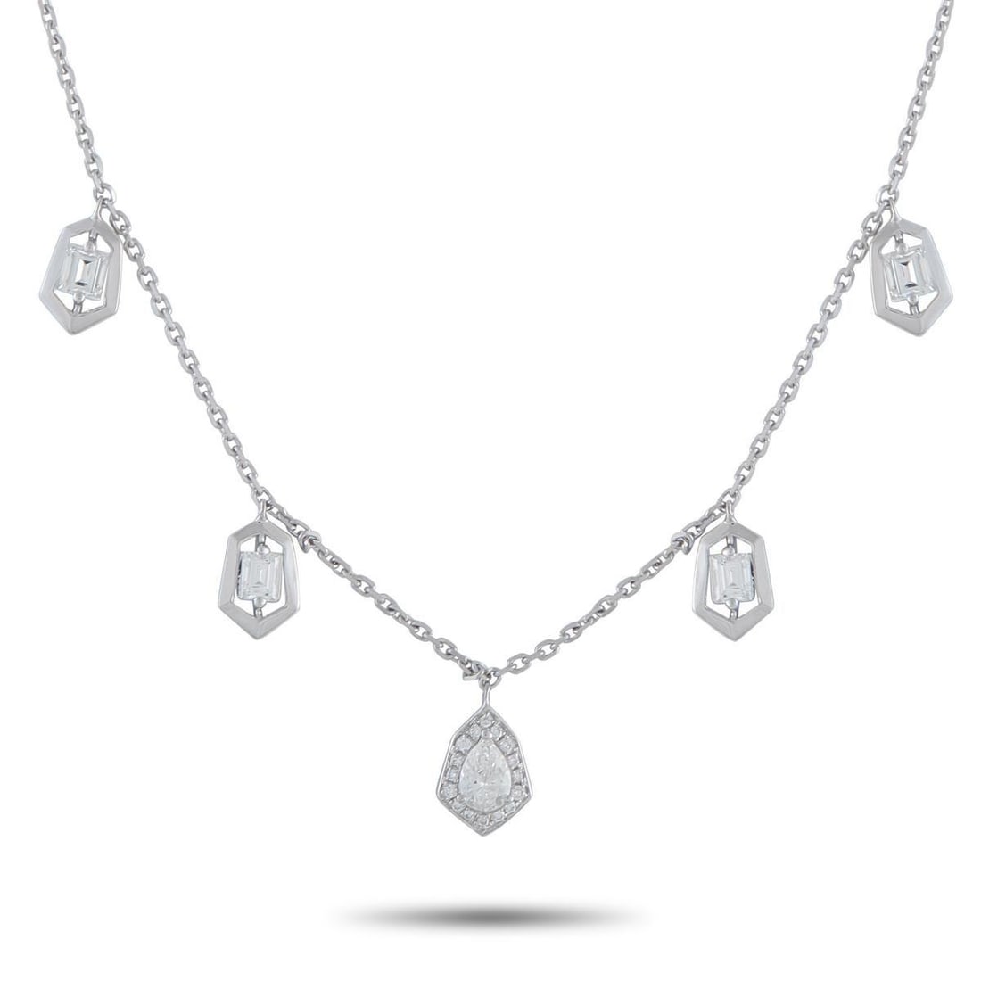 18K WHITE GOLD 1.37CT DIAMOND NECKLACE: This luxury necklace will add charm and sophistication to any ensemble. Set in 18K White Gold, a series of pendants are suspended from this pieces delicate 18 chain. Diamonds with a total weight of 1.