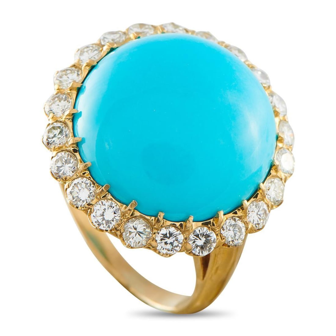 18K YELLOW GOLD 1.20CT DIAMOND AND TURQUOISE RING: A vibrant Turquoise center stone at the center of this luxury ring makes it easy to add a pop of color to any ensemble. Its surrounded by a halo of sparkling Diamonds, which together possess a total w