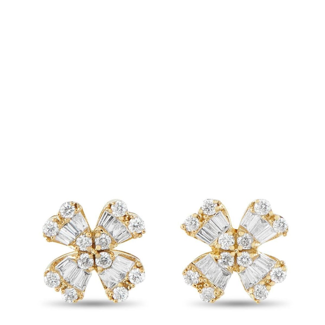 14K YELLOW GOLD 0.40CT DIAMOND FOUR PETAL STUD EARRINGS: These stud earrings take a floral motif and deliver a feminine shine. Each earring features a cluster of four round diamonds at its center, with four diamond-detailed petals combining round and