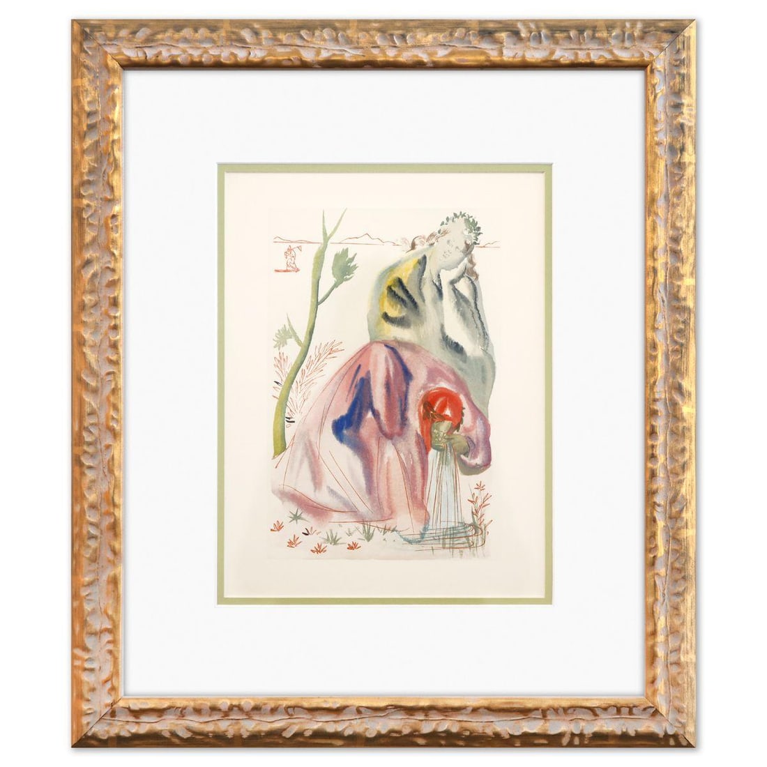 Salvador Dali- Original Color Woodcut on B.F.K. Rives Paper "Purgatory 21": Artist: Salvador Dali. Medium: Original Color Woodcut on B.F.K. Rives Paper. Title: Purgatory 21. Size: 13" x 10". Measures approx. 21" x 18" (framed). Certificate of Authenticity: Is included. Additi