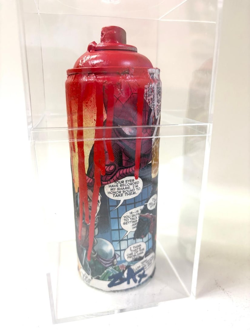 E.M Zax- 1/1 unique collage and paints on artist used spray can: Artist: E.M Zax. Medium: 1/1 unique collage and paints on artist used spray can. Size: 4" x 8". Signature: Hand Signed. Additional: Displayed in lucite box Size: 4x4x8. Reference#: 25179.