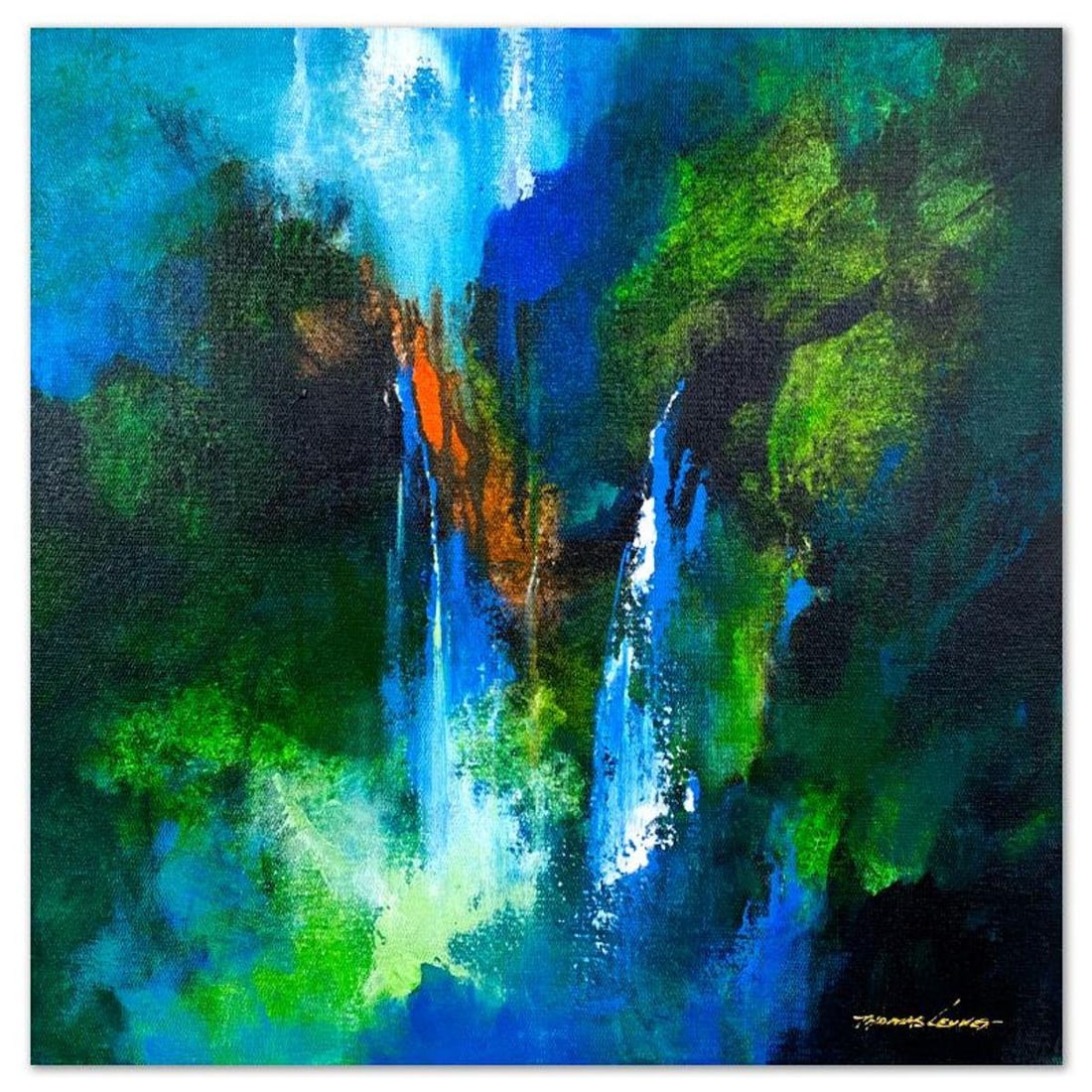 Thomas Leung, "Mountain Stream 2" Original Acrylic Painting on Gallery Wrapped Canvas, Hand Signed: Mountain Stream 2 is an original acrylic painting on canvas by Thomas Leung, hand signed by the artist. This piece comes gallery wrapped. Includes Letter of Authenticity. Measures approx. 20" x 20" (i