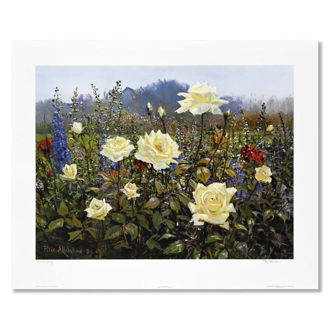 Peter Ellenshaw (1913-2007), "Autumn Roses" Limited Edition Lithograph, Numbered and Hand Signed: Autumn Roses is a limited edition lithograph on paper by Peter Ellenshaw (1913-2007), numbered and hand signed by the artist. Includes Letter of Authenticity. Measures approx. 31" x 24.5" (border), 26