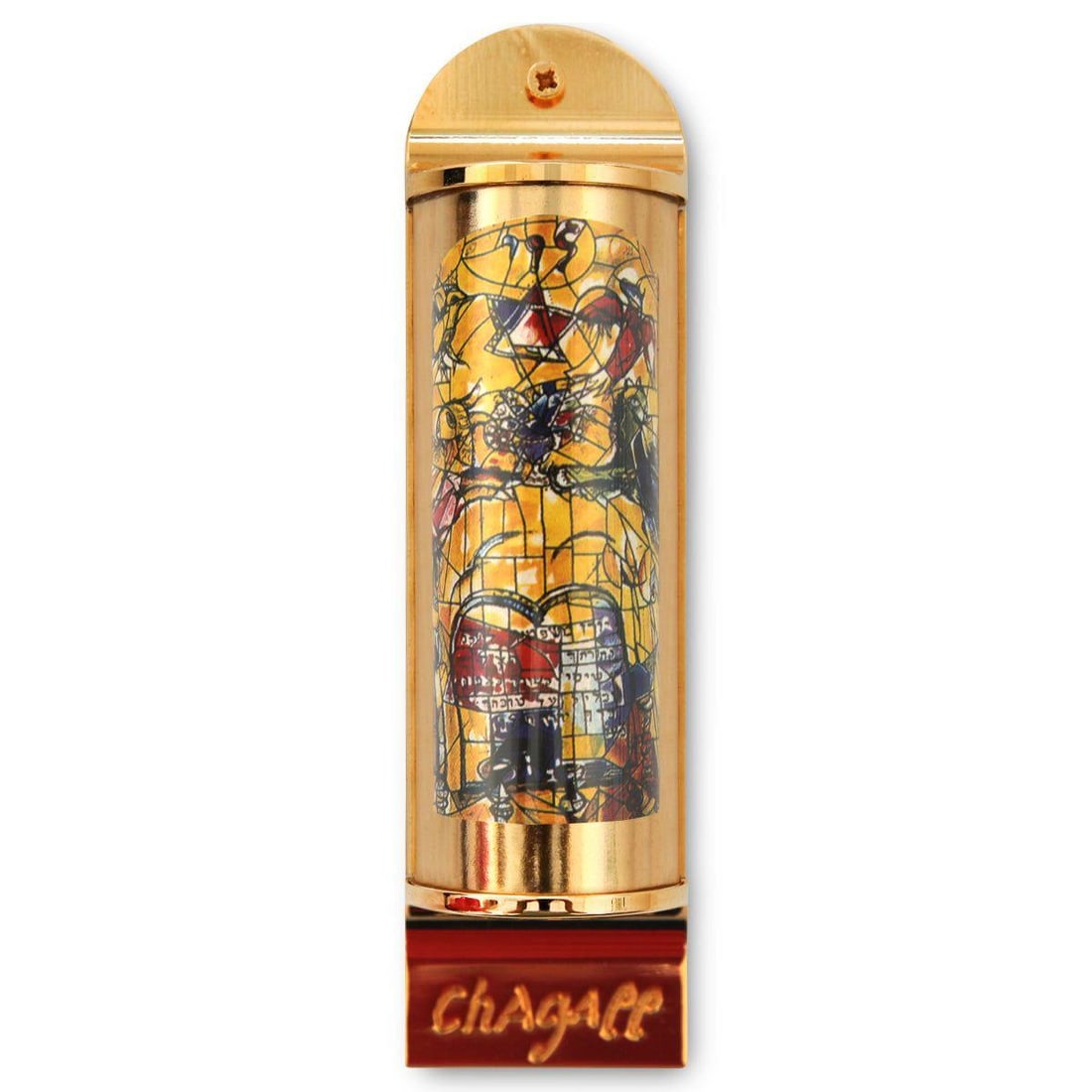 Marc Chagall- Mezuzah/ Silkscreen on 24K gold plated bronze "Levi": Artist: Marc Chagall. Medium: Mezuzah/ Silkscreen on 24K gold plated bronze. Title: Levi. Size: 5.1" x 1.4". Certificate of Authenticity: Is included. Additional: Limited edition of 1800. Full color s
