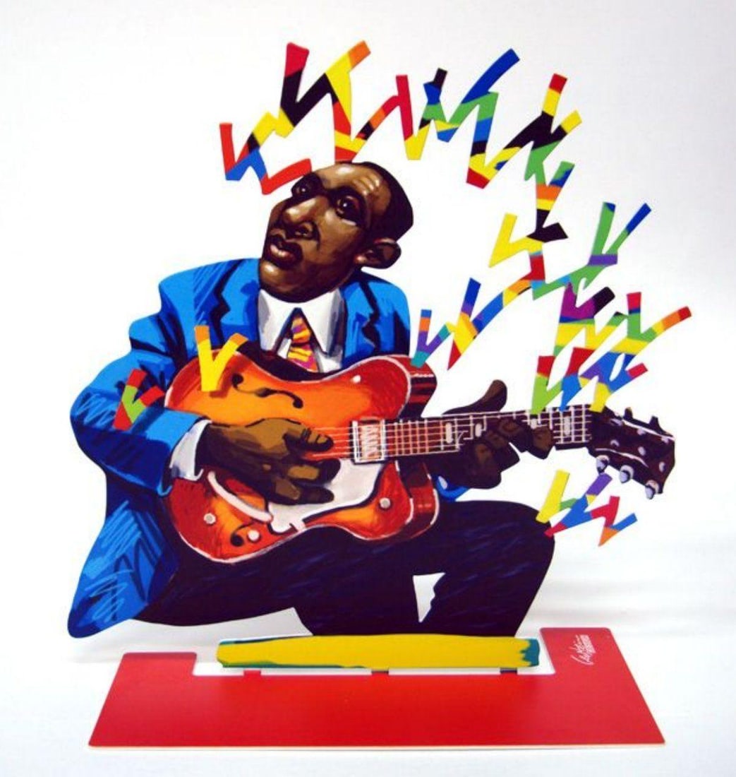 David Gerstein- Free Standing Sculpture "Guitar Player (Jazz Club)": Artist: David Gerstein. Medium: Free Standing Sculpture. Title: Guitar Player (Jazz Club). Size: 11" x 10.6". Signature: Signed by the artist. Certificate of Authenticity: Is included. Additional: Thi