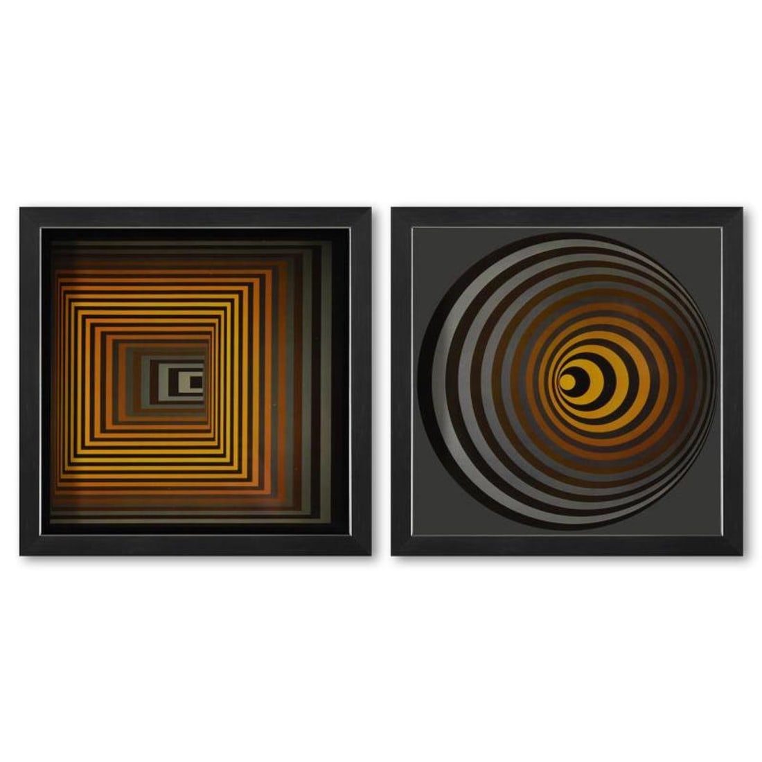 Victor Vasarely (1908-1997), "Oervegn - II et Vonal - Fegn de la serie Vonal (Diptych)" Framed 1971: Oervegn - II et Vonal - Fegn de la serie Vonal (Diptych) is a set of heliogravure prints on paper, published in 1971, by Victor Vasarely (1908-1997). These pieces come custom framed, with a letter of