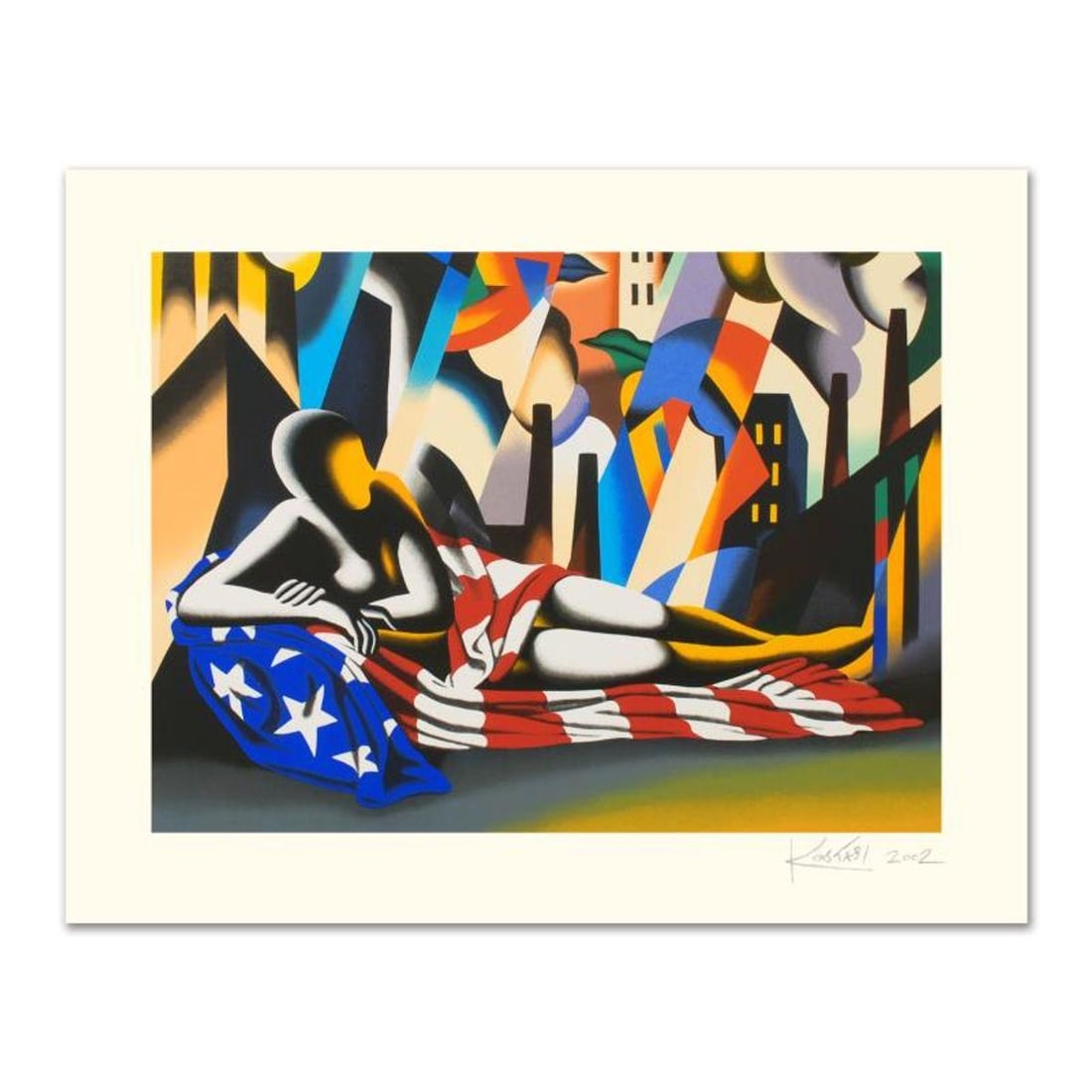 Mark Kostabi, "America" Limited Edition Serigraph, Numbered and Hand Signed with Certificate.: America is a limited edition serigraph on paper, numbered and hand signed by Kostabi. Includes Certificate of Authenticity! Measures approx. 35.5" x 27.5" (with border), 29.5" x 21.5" (image).