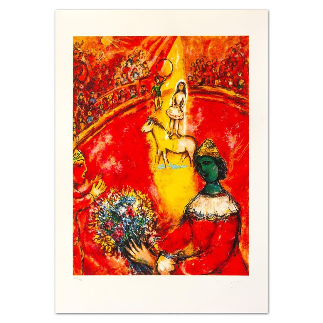 Marc Chagall- Lithograph "The Circus": Artist: Marc Chagall. Medium: Lithograph. Title: The Circus. Size: 41" x 28.5". Signature: Stamp signed and numbered. Certificate of Authenticity: Is included. Additional: Printed by Atelier Mourlot i