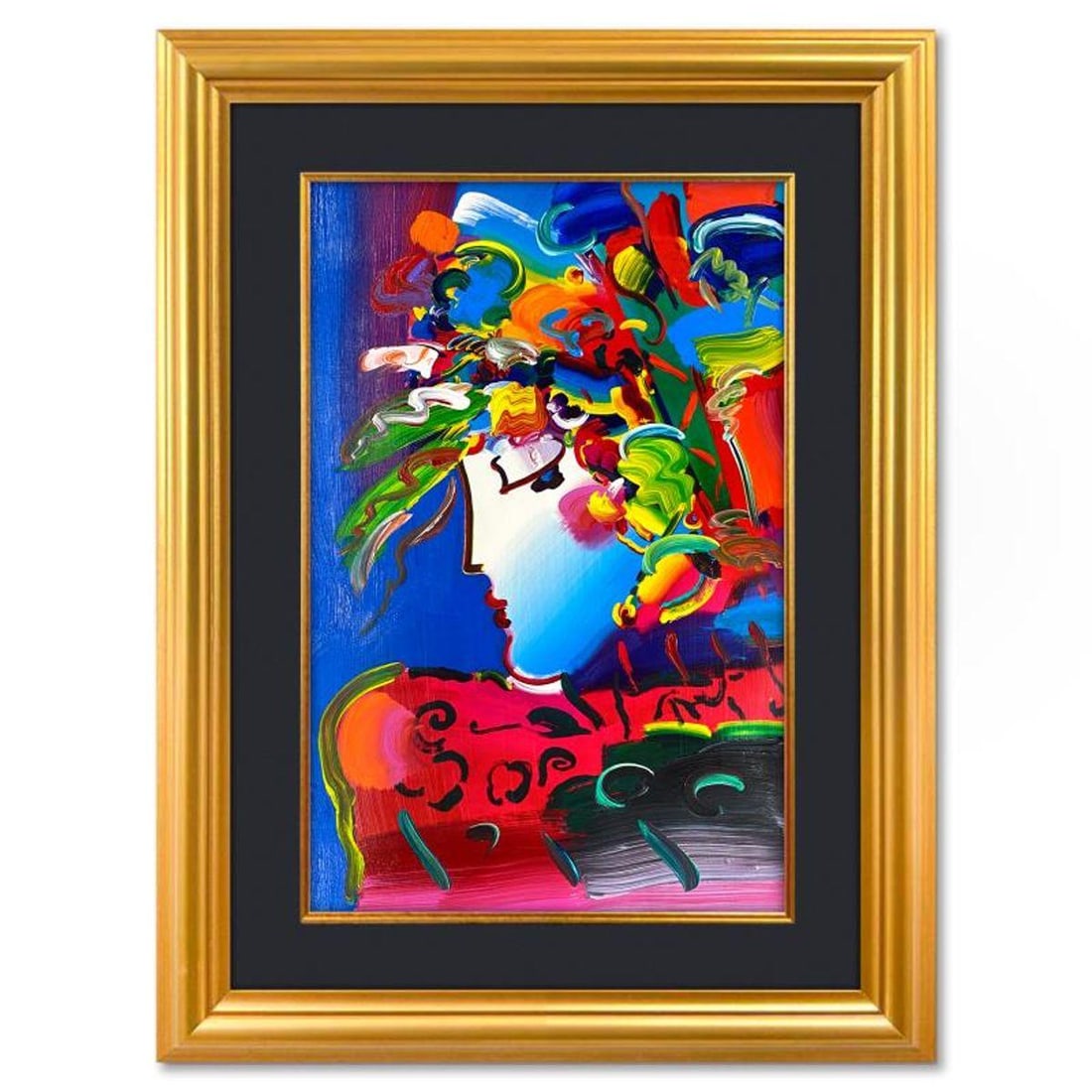 Peter Max, "Blushing Beauty" Framed One-of-a-Kind Mixed Media, Hand Signed with Registration Number: Blushing Beauty is a one-of-a-kind mixed media on paper, hand signed by Peter Max. The piece comes custom framed with a backside cutout to display Peter Max Studio registration number 236333 certifyin