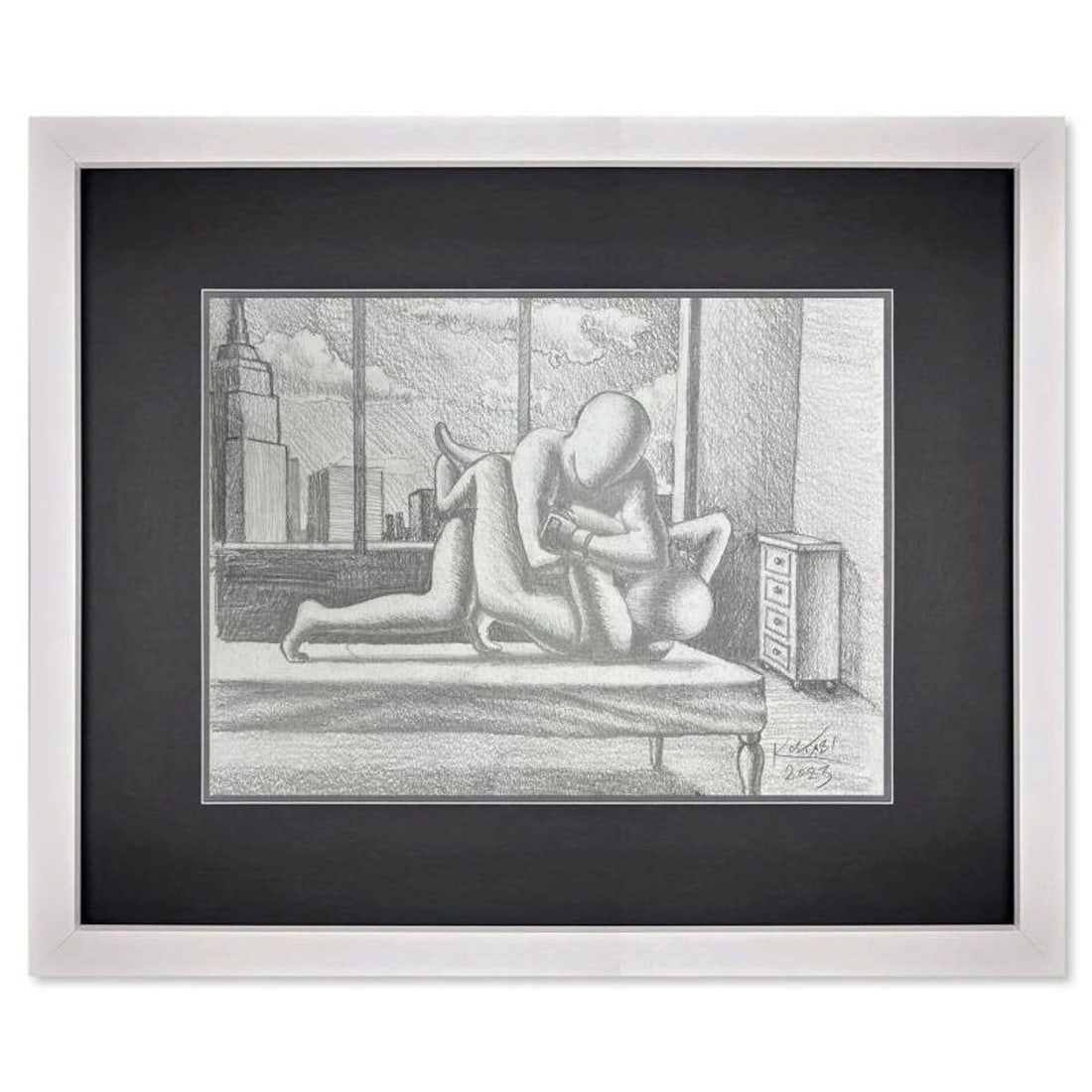 Mark Kostabi, "Power Couple" Framed Original Drawing on Paper, Hand Signed with Certificate of: Power Couple is an original drawing on paper by Mark Kostabi, hand signed by the artist. This piece comes custom framed and includes a certificate of authenticity. Measures approximately 14" x 16.5" (