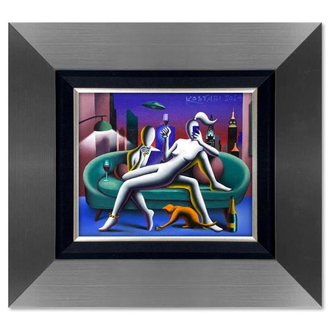 Mark Kostabi, "Cosmic Comfort" Framed Original Oil Painting on Canvas, Hand Signed with a: Cosmic Comfortis an original oil painting on canvas by Mark Kostabi, hand signed by the artist. This piece comes custom framed. Includes Certificate of Authenticity. Measures approx. 22" x 20"