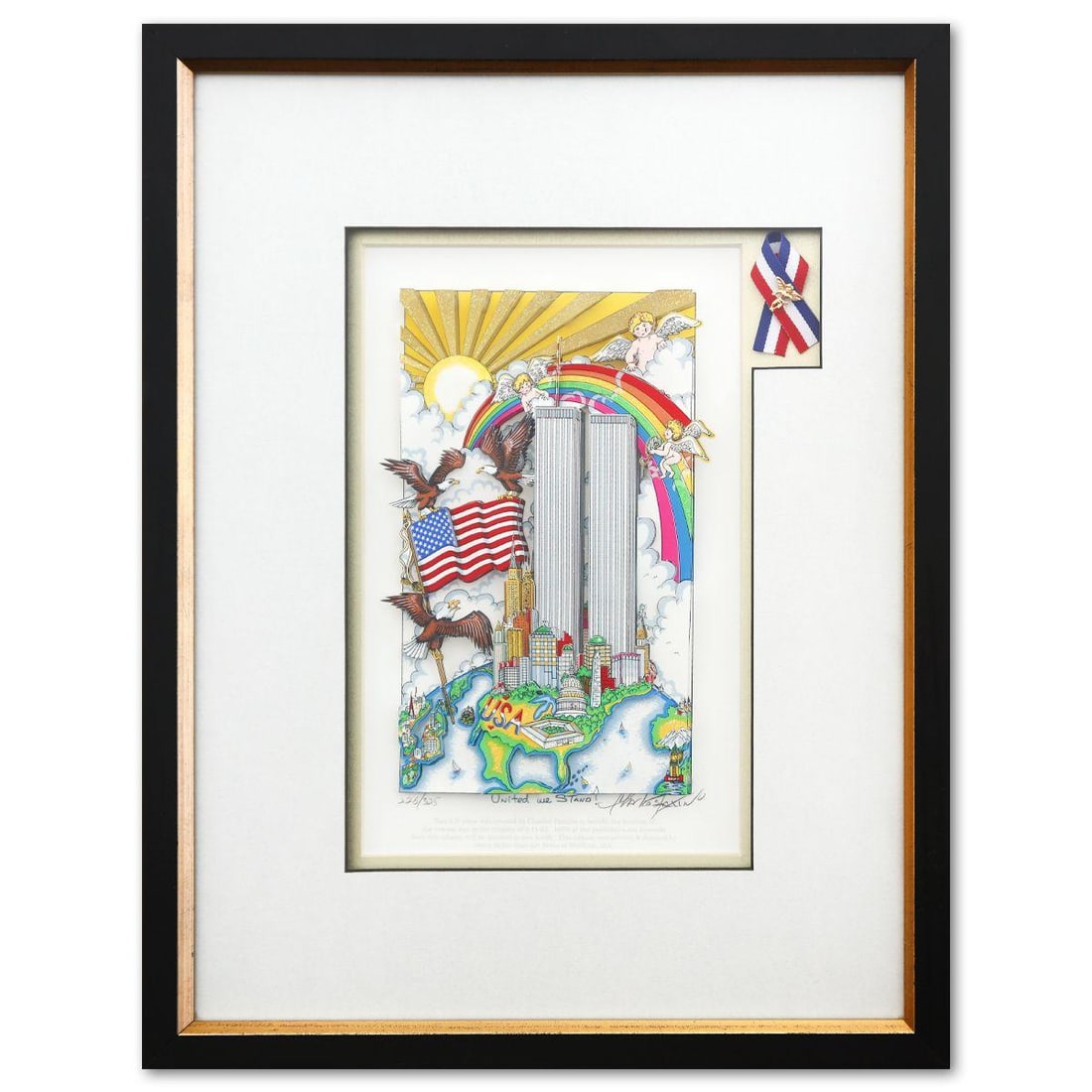 Charles Fazzino- 3D Construction Silkscreen Serigraph "United we Stand": Artist: Charles Fazzino. Medium: 3D Construction Silkscreen Serigraph. Title: United we Stand. Size: 12" x 8". Measures approx. 19" x 15" (framed). Signature: Hand Signed and numbered. Certificate of