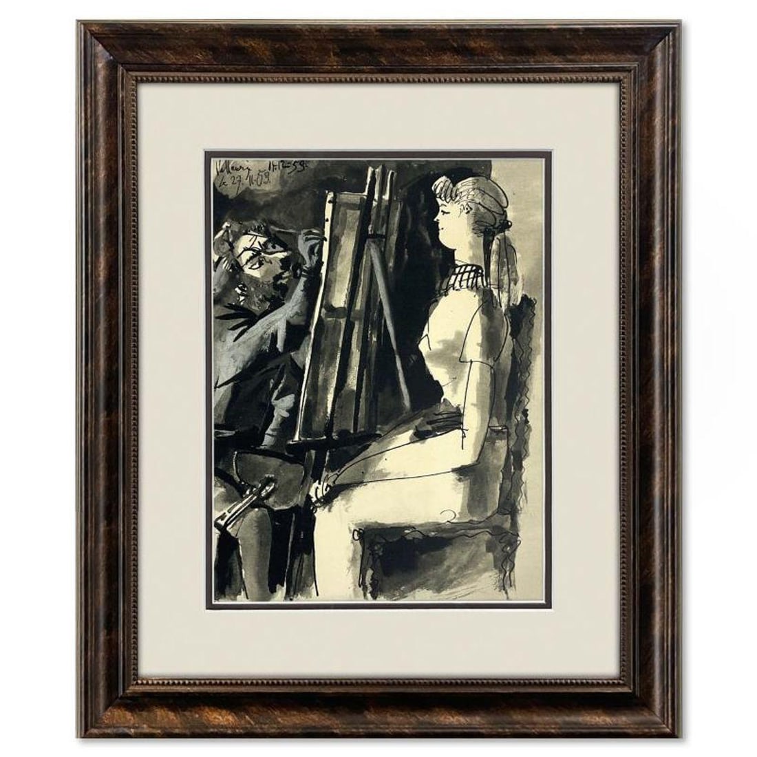 Pablo Picasso (1881-1973), "La Comedie Humaine 14.12.59" Framed Vintage Lithograph on Paper with: La Comedie Humaine 14.12.59 is a lithograph on paper by Pablo Picasso (1881-1973). This piece is from Picasso's Human Comedy Series and was printed in Paris, France by Mourlot Studios in 1954. This pi