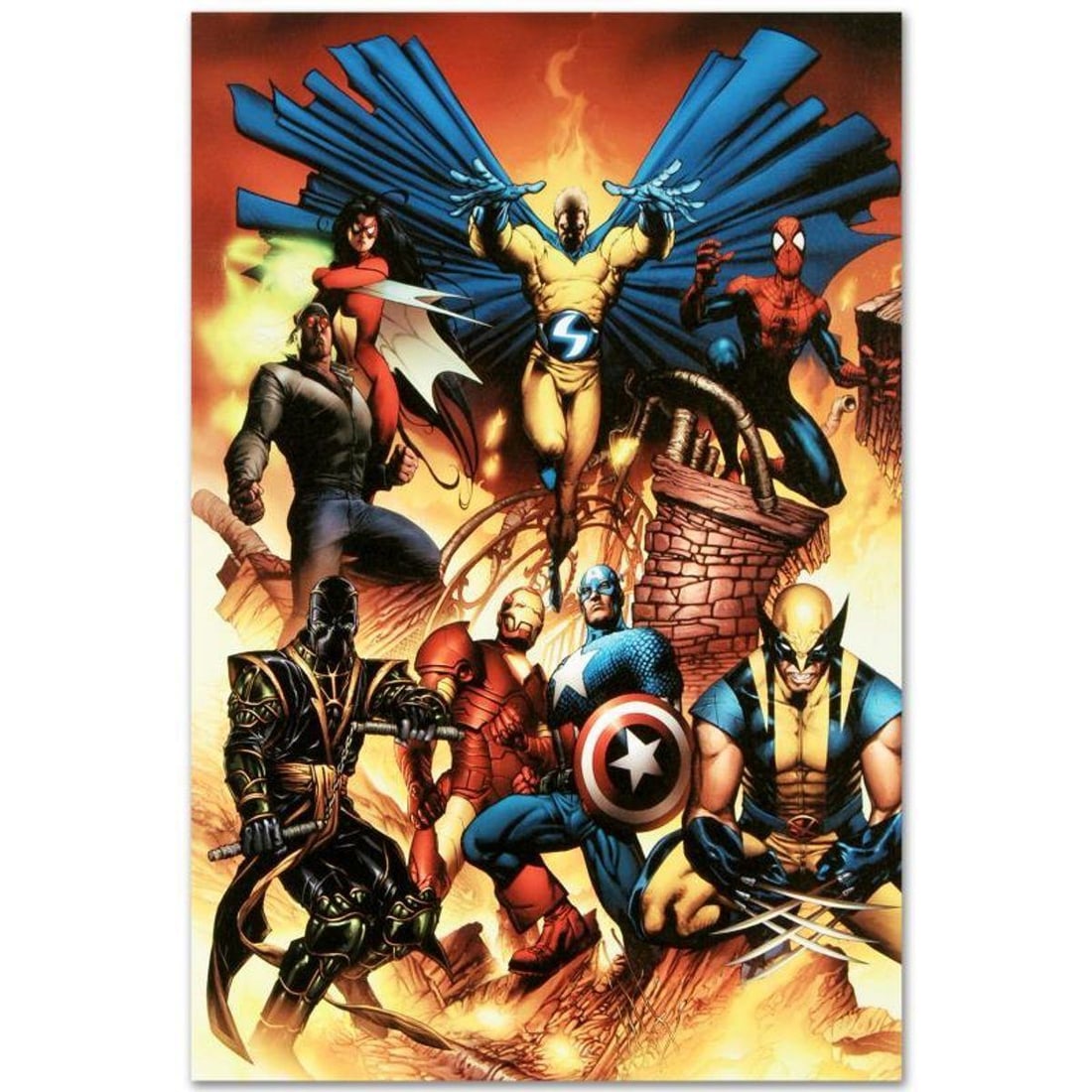 Marvel Comics "New Avengers #1" Numbered Limited Edition Giclee on Canvas by Joe Quesada with COA.: A piece of comic book history, this limited edition, from original art by Joe Quesada, depicts the heroic Avengers. Joe Quesada gained renown in the comic book by drawing several Valiant Comics titles
