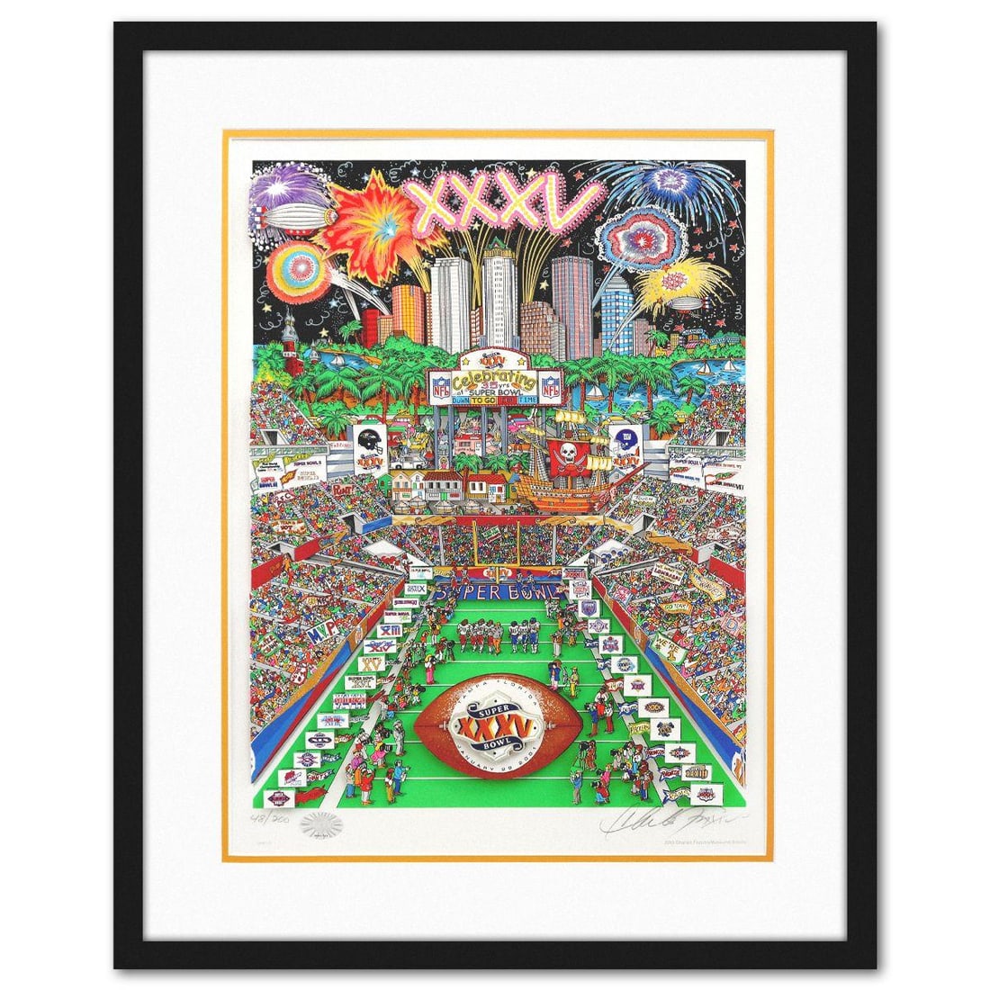 Charles Fazzino- 3D Construction Silkscreen Serigraph "Super Bowl": Artist: Charles Fazzino. Medium: 3D Construction Silkscreen Serigraph. Title: Super Bowl. Size: 20" x 15". Measures approx. 26" x 21" (framed). Signature: Hand signed and numbered. Certificate of Auth