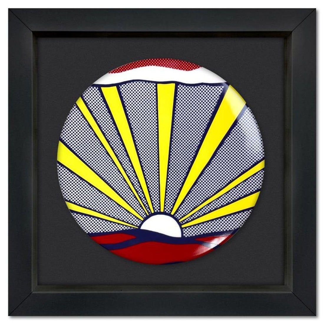 Roy Lichtenstein (1923-1997), "Sunrise" Framed Limoges Porcelain Plate.: Sunrise is a Limoges porcelain plate featuring art by Roy Lichtenstein (1923-1997). This plate is custom framed and floated on linen. Measures approx. 16" x 16" (frame), 11" (plate diameter). This ite