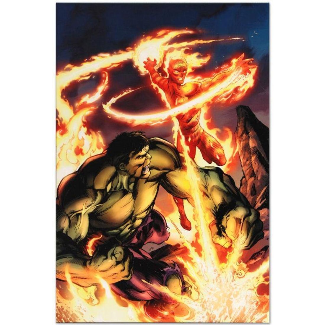 Marvel Comics "Incredible Hulk & The Human Torch: From the Marvel Vault #1" Numbered Limited Edition: A piece of comic book history, this limited edition, from original art by Mark Bagley, depicts a fiery battle between The Human Torch and the Incredible Hulk. Mark Bagley got his start by winning Marv
