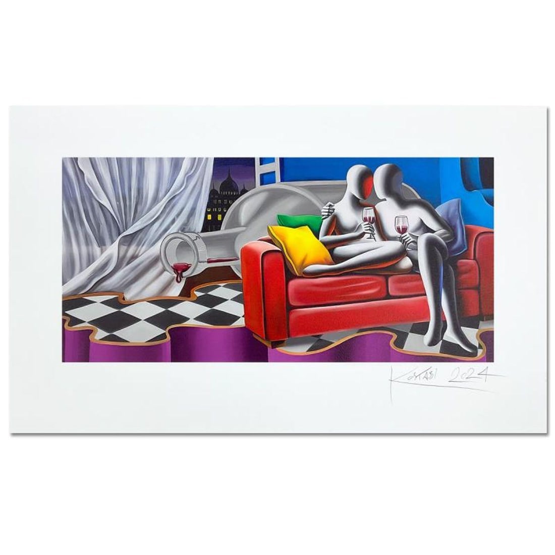 Mark Kostabi, "Our Secret" Hand Signed Limited Edition Serigraph with Certificate of Authenticity.: Our Secret is a limited edition serigraph on paper, numbered and hand signed by Mark Kostabi. Includes Certificate of Authenticity. Measures approx. 21.5" x 35.5" (border), 13.5" x 28.5" (image). Refe
