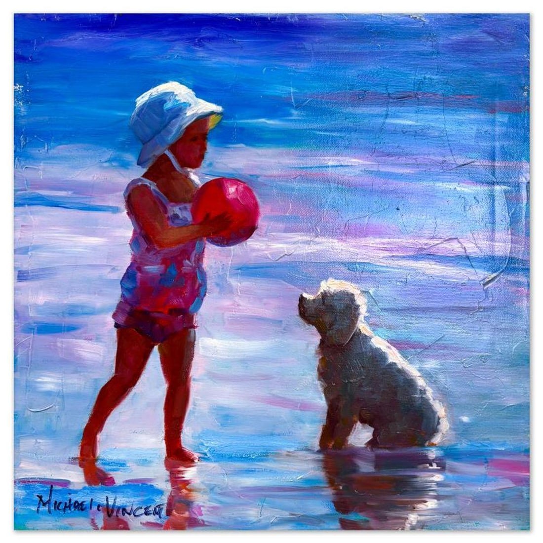 Michael Vincent, "Playing Beach Ball" Original Painting on Canvas, Hand Signed with Letter of (1 of 2)