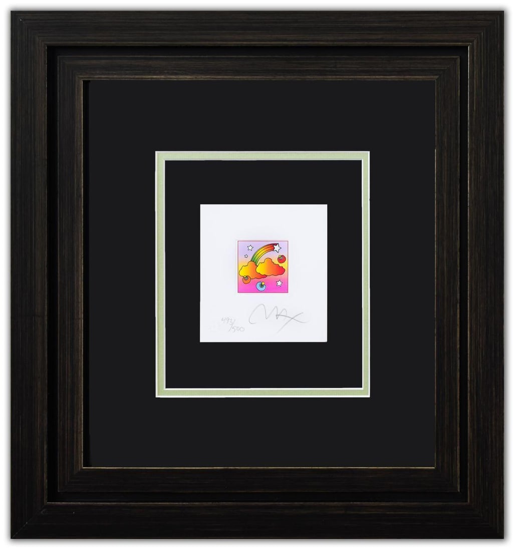 Peter Max- Original Lithograph "Rainbow with Clouds (Mini)": Artist: Peter Max. Medium: Original Lithograph. Title: Rainbow with Clouds (Mini). Size: 5" x 4.5". Measures approx. 18" x 17" (framed). Signature: Hand Signed and Numbered by the artist. Certificate