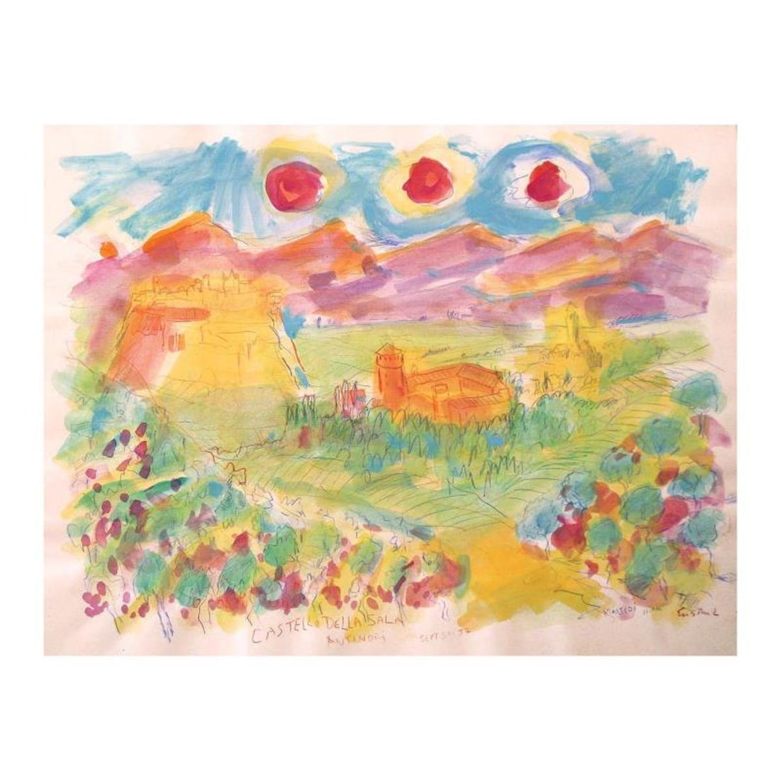 Wayne Ensrud, "Castello della Sala, Antinori, Italy" Mixed Media Original Artwork; Hand Signed; COA: Castello della Sala, Antinori - Italy is an original Mixed Media on Paper by Wayne Ensrud. The piece is hand signed by the artist and comes with a Certificate of Authenticity. Measures approximately 2