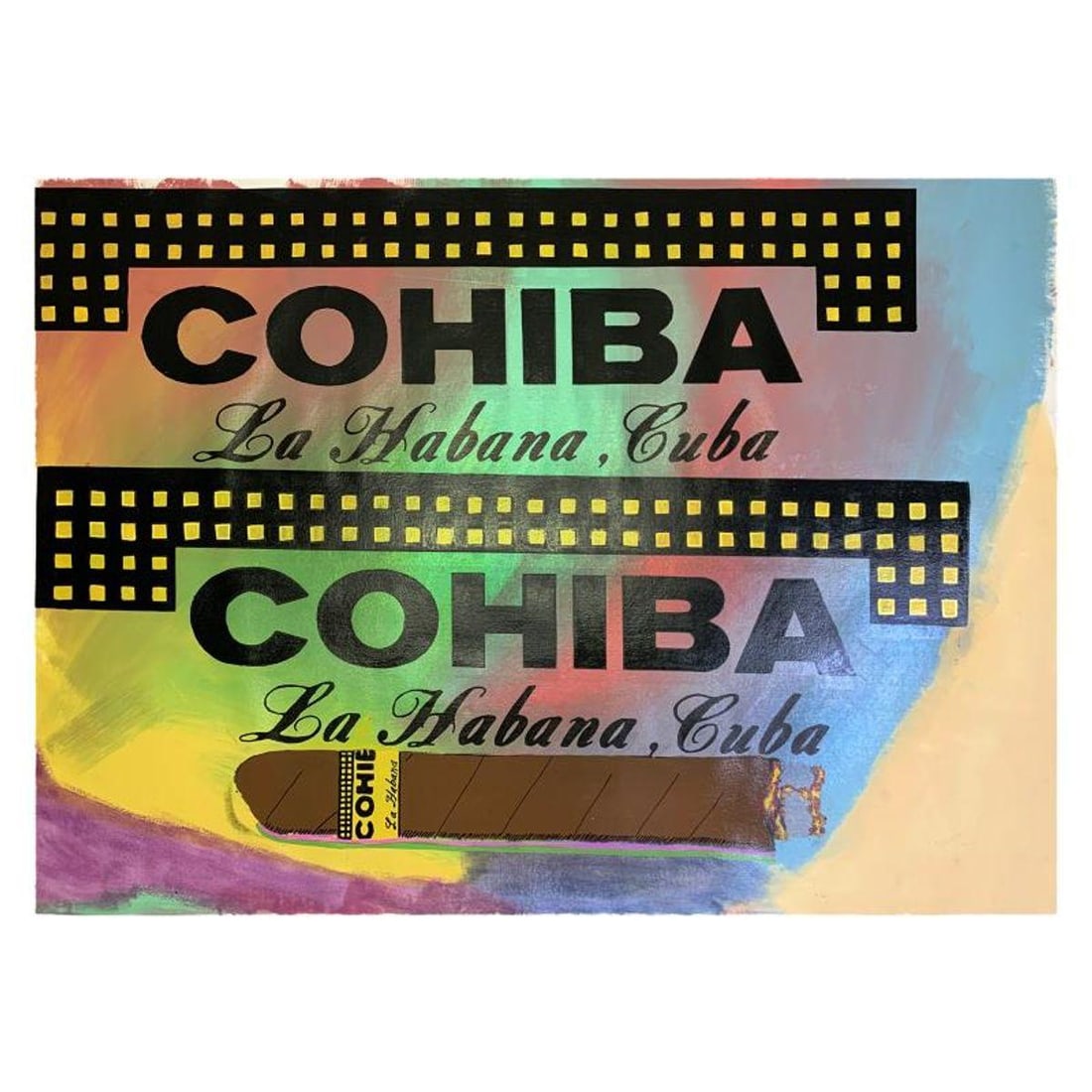 Steve Kaufman (1960-2010), "Cohiba" Hand Pulled Unique Variation Mixed Media on Canvas, Numbered: Cohiba is a hand pulled unique variation mixed media silkscreen on canvas by Andy Warhol protege, Steve Kaufman (1960-2010). This hand painted mixed media is numbered 44/50 and hand signed inverso by