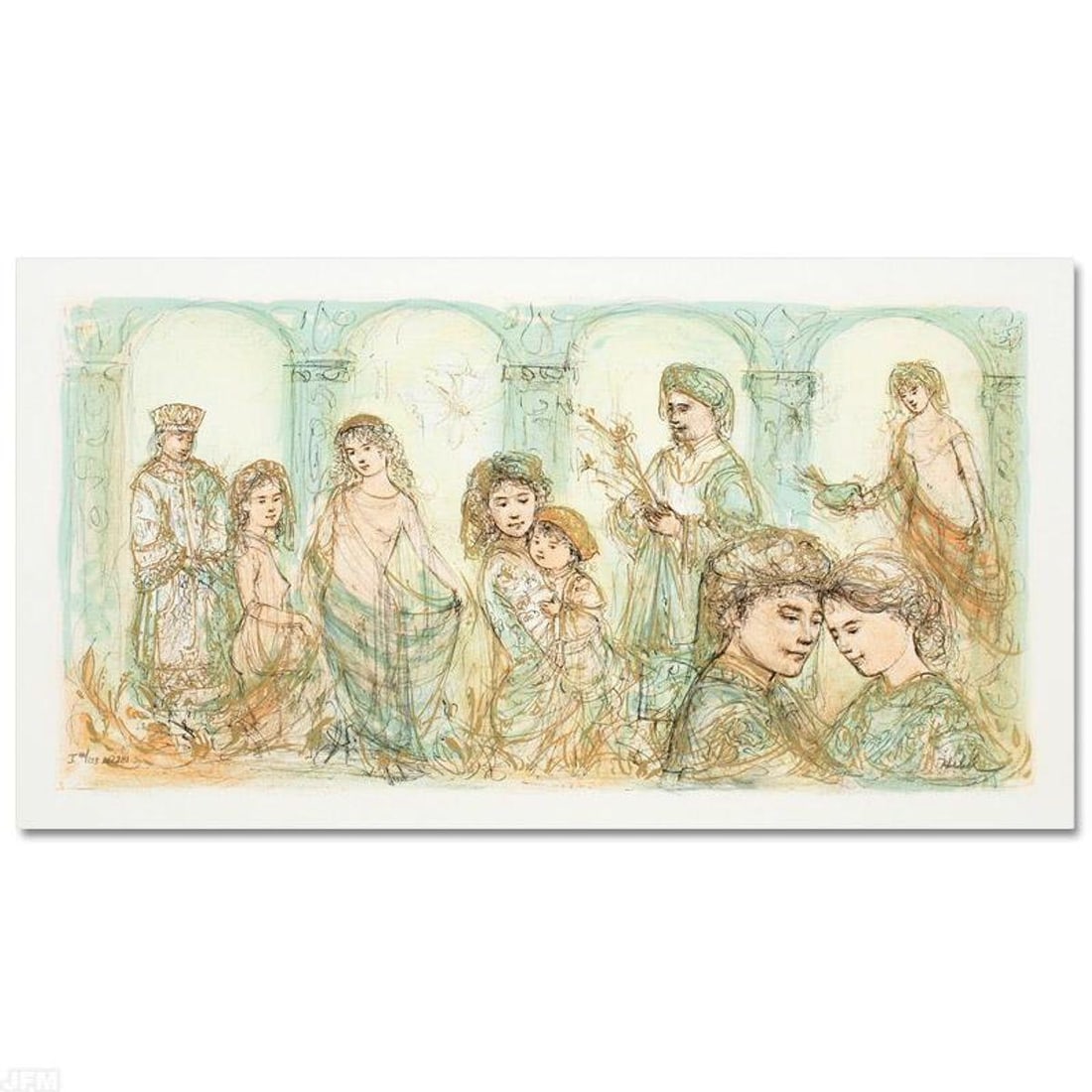 Solomon's Court Limited Edition Lithograph by Edna Hibel (1917-2014), Numbered and Hand Signed with: Solomon's Court is a limited edition lithograph on paper, numbered and hand signed by Edna Hibel (1917-2014). Includes Certificate of Authenticity! Measures approx. 30" x 18" (with border), 24.5" x 12
