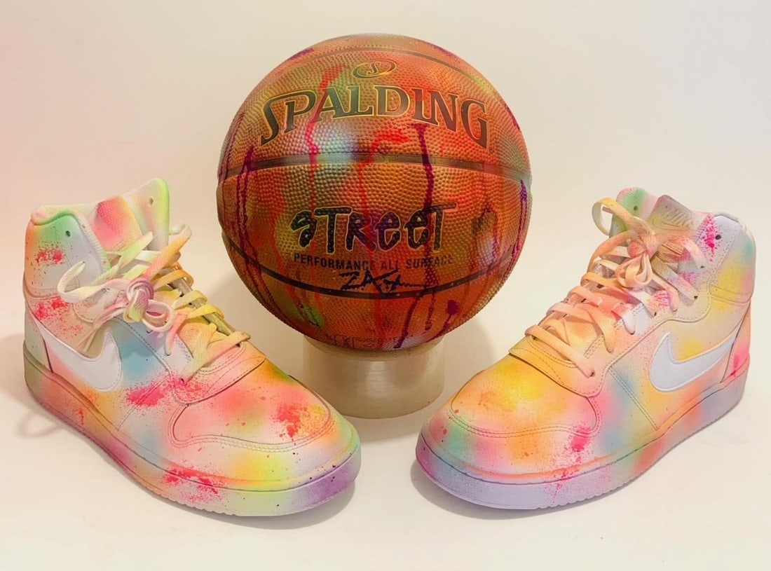 E.M Zax- 1/1 Nike shoes hand painted Size 12: Artist: E.M Zax. Medium: 1/1 Nike shoes hand painted Size 12. Additional: Included is a one of a kind hand painted and signed basketball by the artist . Reference#: 25146.