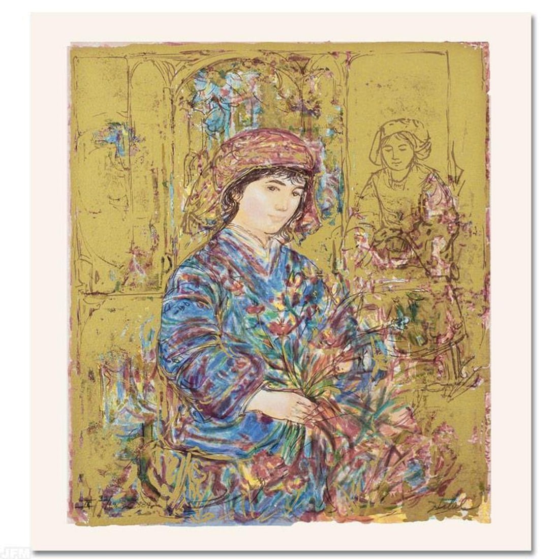 Umbria's Garden Limited Edition Serigraph by Edna Hibel (1917-2014), Numbered and Hand Signed with: Umbria's Garden is a limited edition serigraph on paper, numbered and hand signed by Edna Hibel (1917-2014). Includes Certificate of Authenticity! Measures approx. 15" x 20" (with border), 12" x 15" (