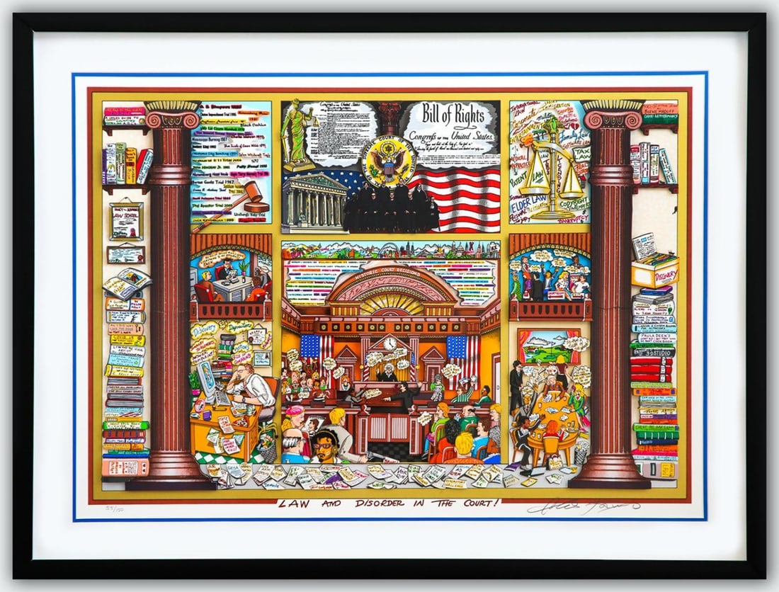 Charles Fazzino- 3D Construction Silkscreen Serigraph "Law and Disorder in the Court! (Blue)": Artist: Charles Fazzino. Medium: 3D Construction Silkscreen Serigraph. Title: Law and Disorder in the Court! (Blue). Size: 25" x 36". Measures approx. 33" x 43" (framed). Signature: Hand Signed and Nu