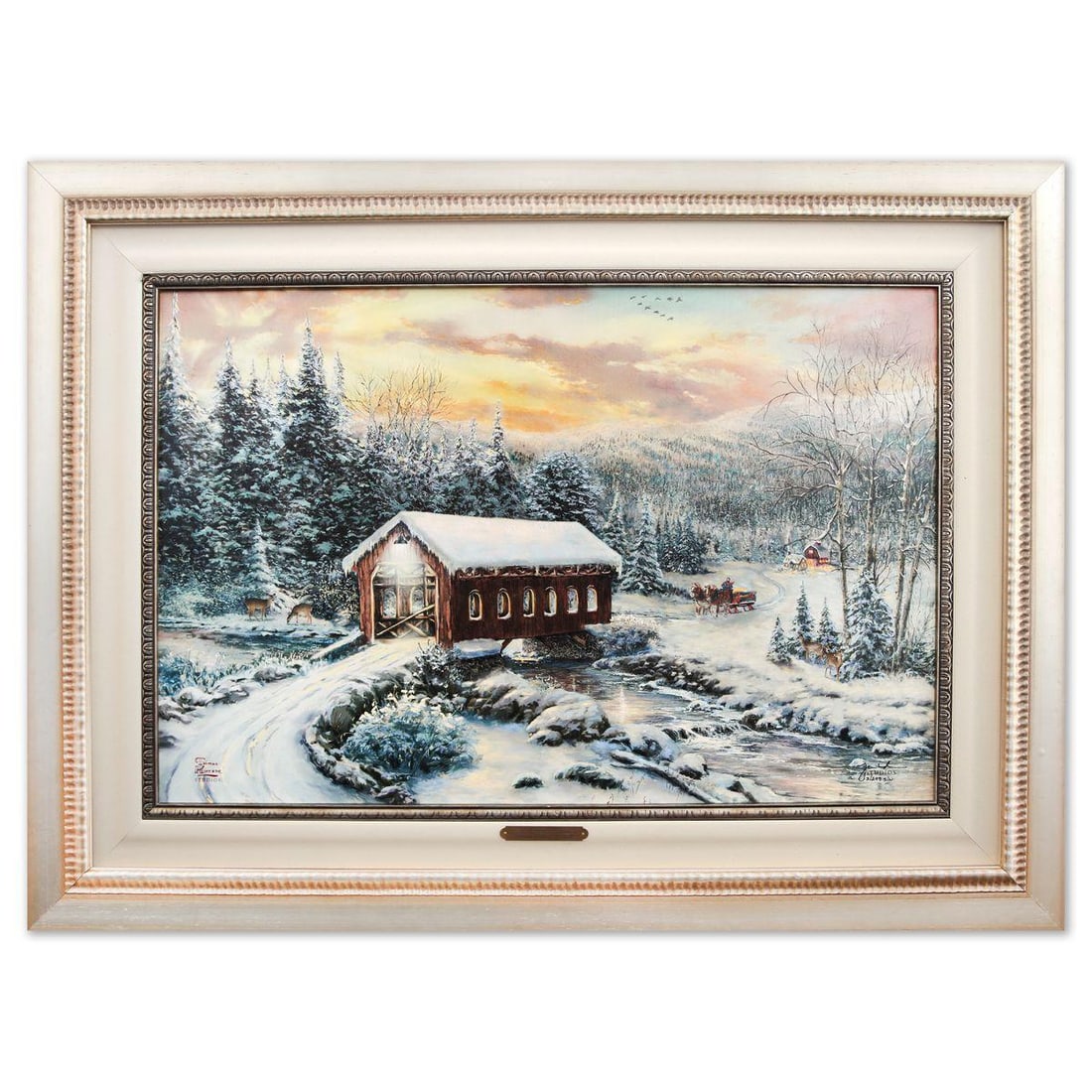 Thomas Kinkade- Hand Embellished Giclee on Canvas "A winters calm": Artist: Thomas Kinkade. Medium: Hand Embellished Giclee on Canvas. Title: A winters calm. Size: 17.5" x 26.5". Measures approx. 27" x 36" (framed). Signature: Hand signed and numbered. Certificate of