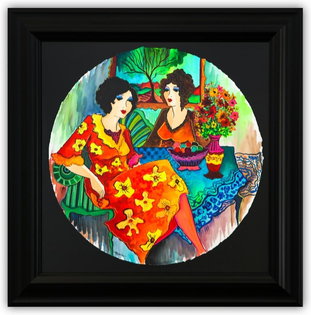 Patricia Govezensky- Original Watercolor "Laura and Gabriela": Artist: Patricia Govezensky. Medium: Original Watercolor. Title: Laura and Gabriela. Size: 22" x 22". Measures approx. 30" x 30" (framed). Signature: Hand Signed by the artist. Certificate of Authenti