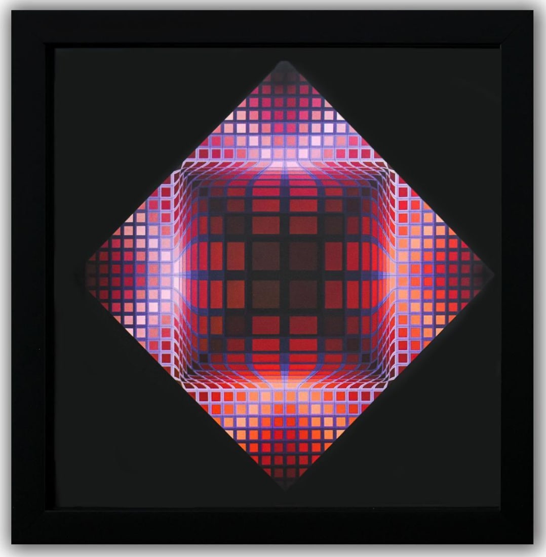 Victor Vasarely- Heliogravure Print "Dell - 2": Artist: Victor Vasarely. Medium: Heliogravure Print. Title: Dell - 2. Size: 10" x 10". Measures approx. 12" x 12" (framed). Additional: Custom Framed , 1975. Reference#: 21389.