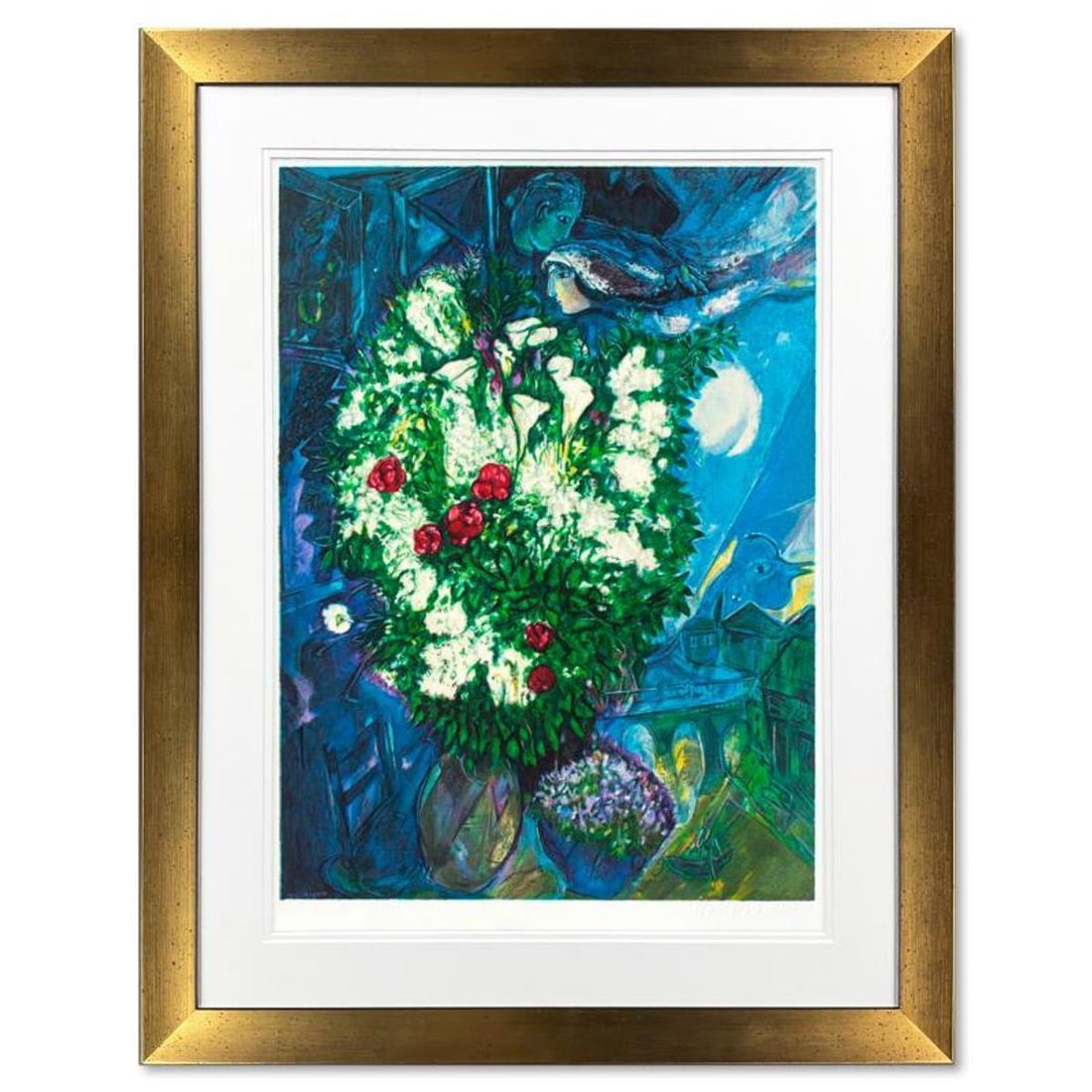 Marc Chagall (1887-1985), "Bouquet Aux Amoureux Volants" Framed Limited Edition Lithograph with: Bouquet Aux Amoureux Volants is a framed limited edition lithograph on paper by Marc Chagall (1887-1985). Printed by Atelier Tete a Tete in Paris and authorized by the Chagall Estate and ADAGP Paris ,