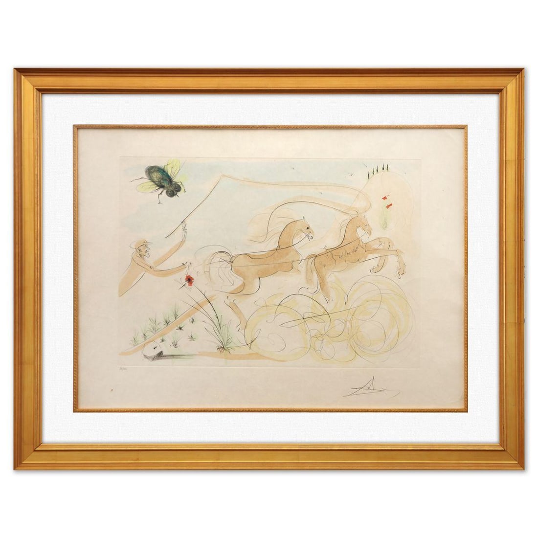 Salvador Dali- Original Lithograph "The Coach and the Fly": Artist: Salvador Dali. Medium: Original Lithograph. Title: The Coach and the Fly. Size: 21" x 29". Measures approx. 30" x 38" (framed). Signature: Hand signed and numbered. Certificate of Authenticity