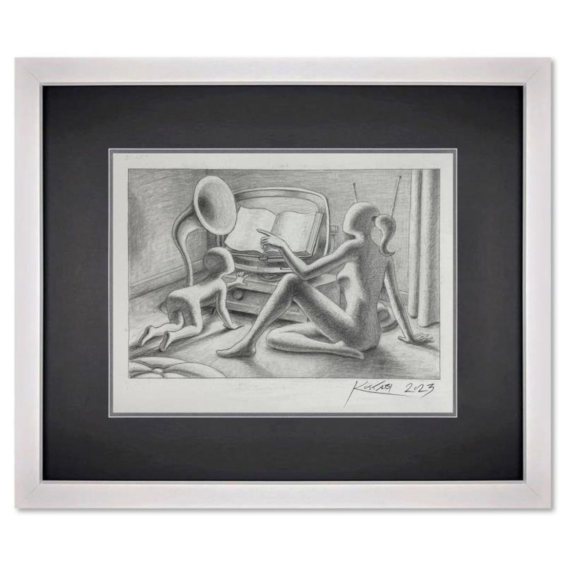 Mark Kostabi, "The Sound of Now" Framed Original Drawing on Paper, Hand Signed with Certificate of (1 of 3)