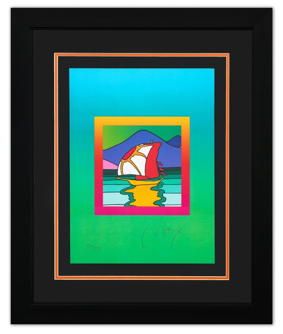 Peter Max- Original Lithograph "Sailboat East on Blends": Artist: Peter Max. Medium: Original Lithograph. Title: Sailboat East on Blends. Size: 17" x 13". Measures approx. 28" x 24" (framed). Signature: Hand Signed and Numbered by the artist. Certificate of